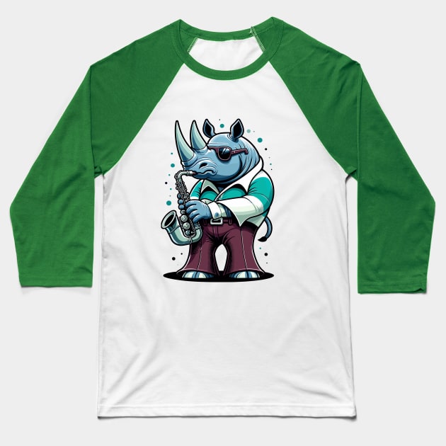 Groovy 70s Saxophone-blowing Rhino - Colorful Cartoon Vector Art Baseball T-Shirt by TimeWarpWildlife